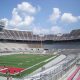 Ohio State University Stadium, the football stadium is empty except for a few people on the field.