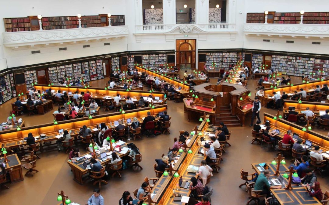 large college library full of students