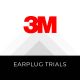 3M logo with gray opaque triangular shapes receding in the background, text in a black box below reads "Earplug Trials"