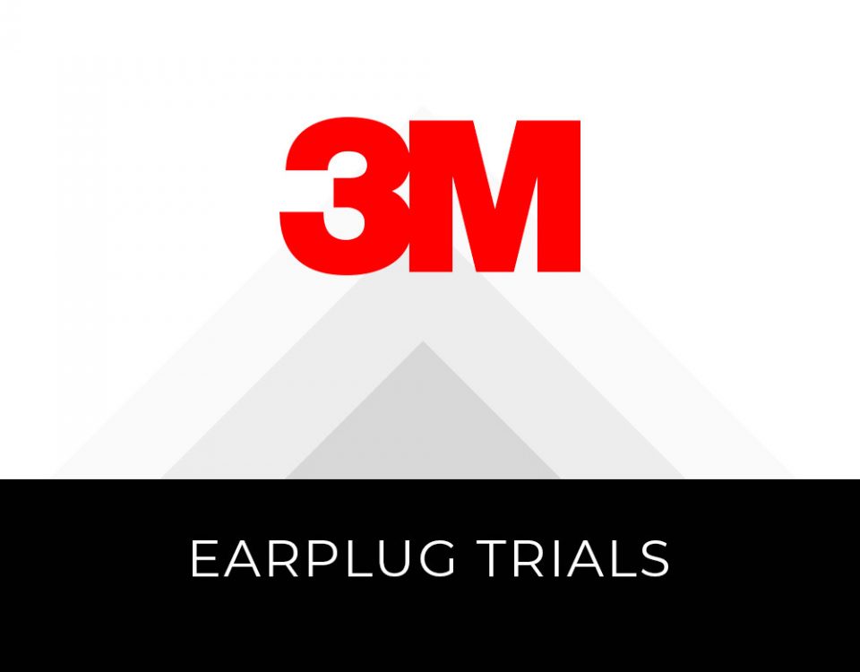 3M logo with gray opaque triangular shapes receding in the background, text in a black box below reads "Earplug Trials"